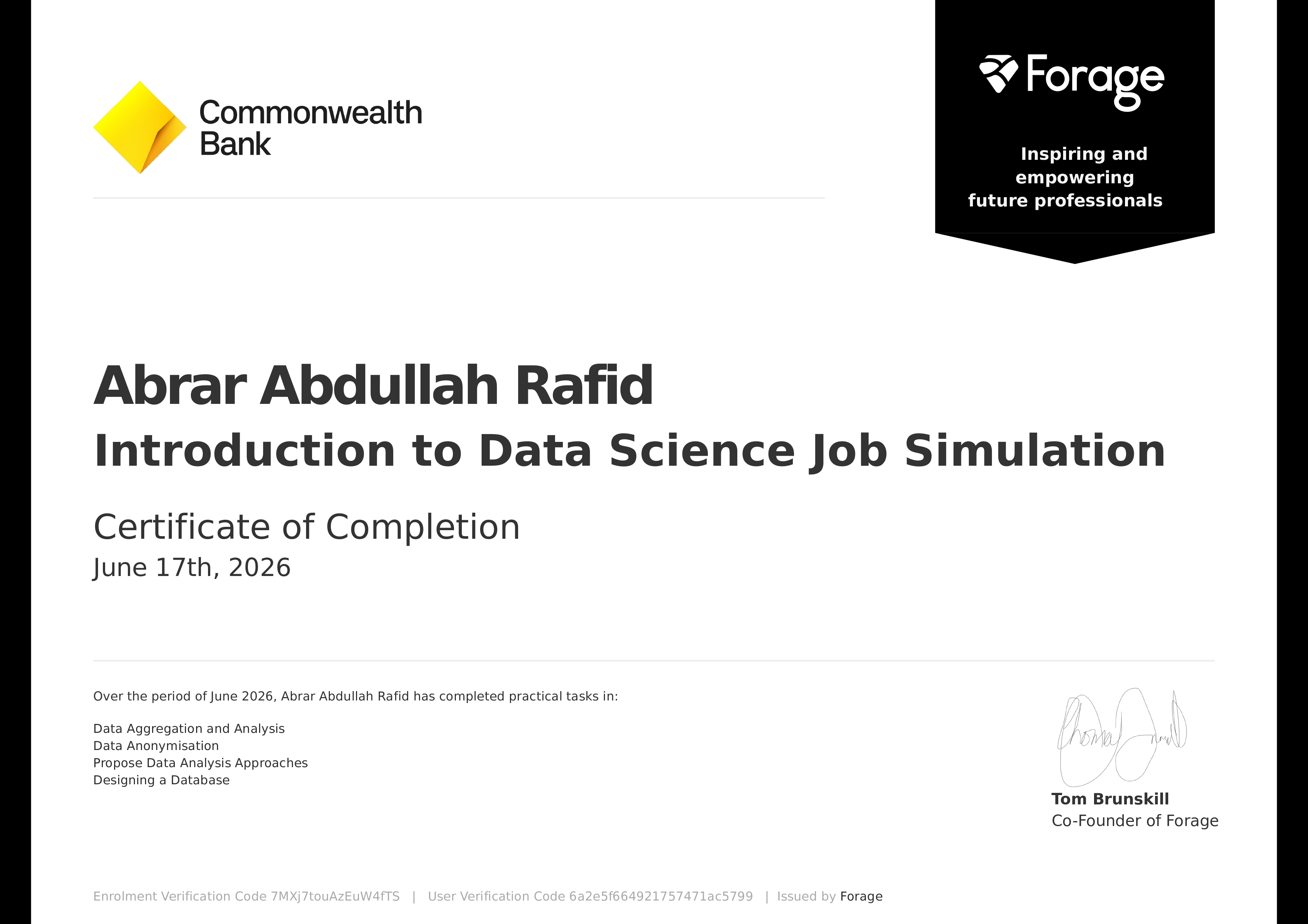Introduction to Data Science Job Simulation certificate from Commonwealth Bank · Forage