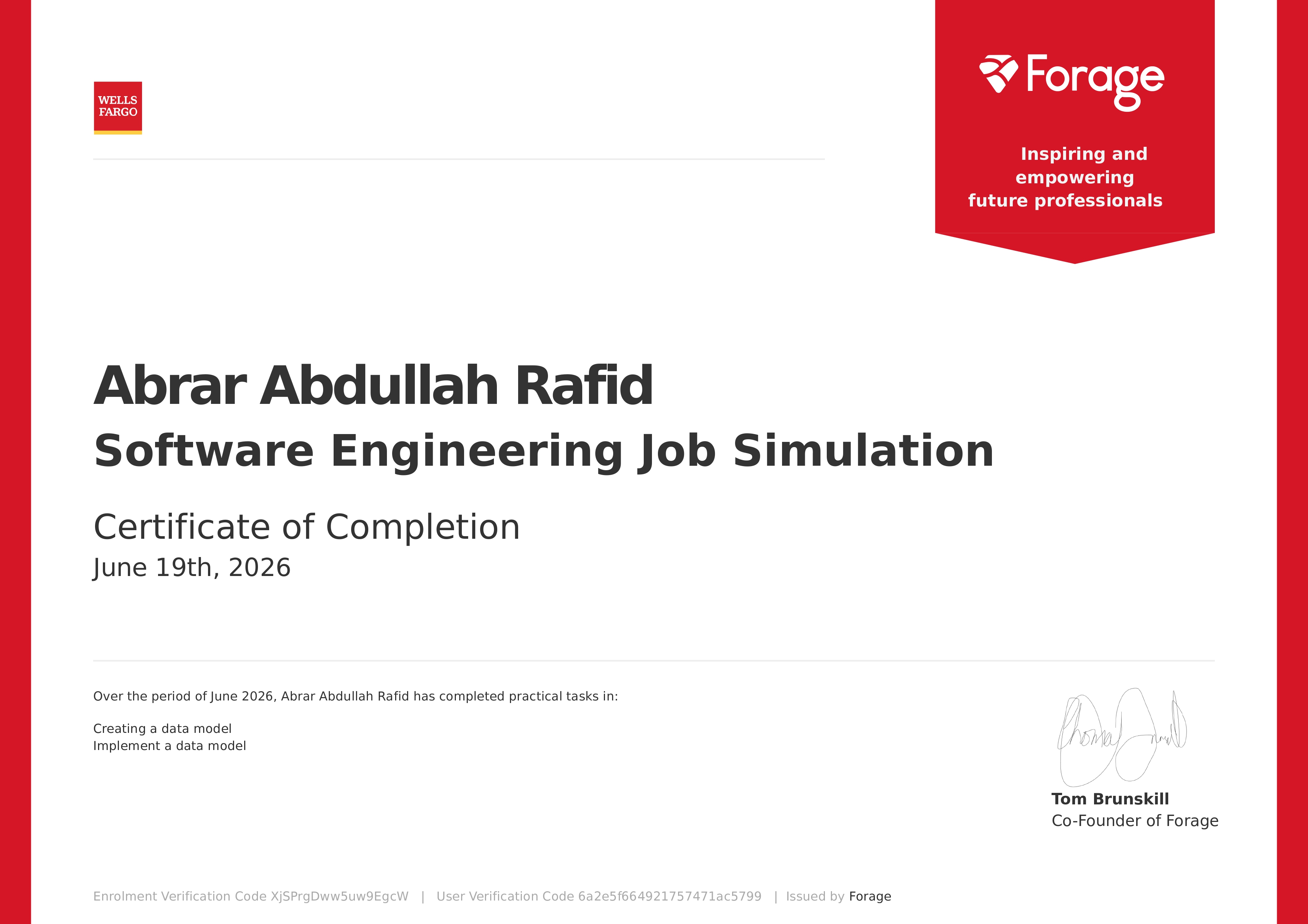 Software Engineering Job Simulation certificate from Wells Fargo · Forage