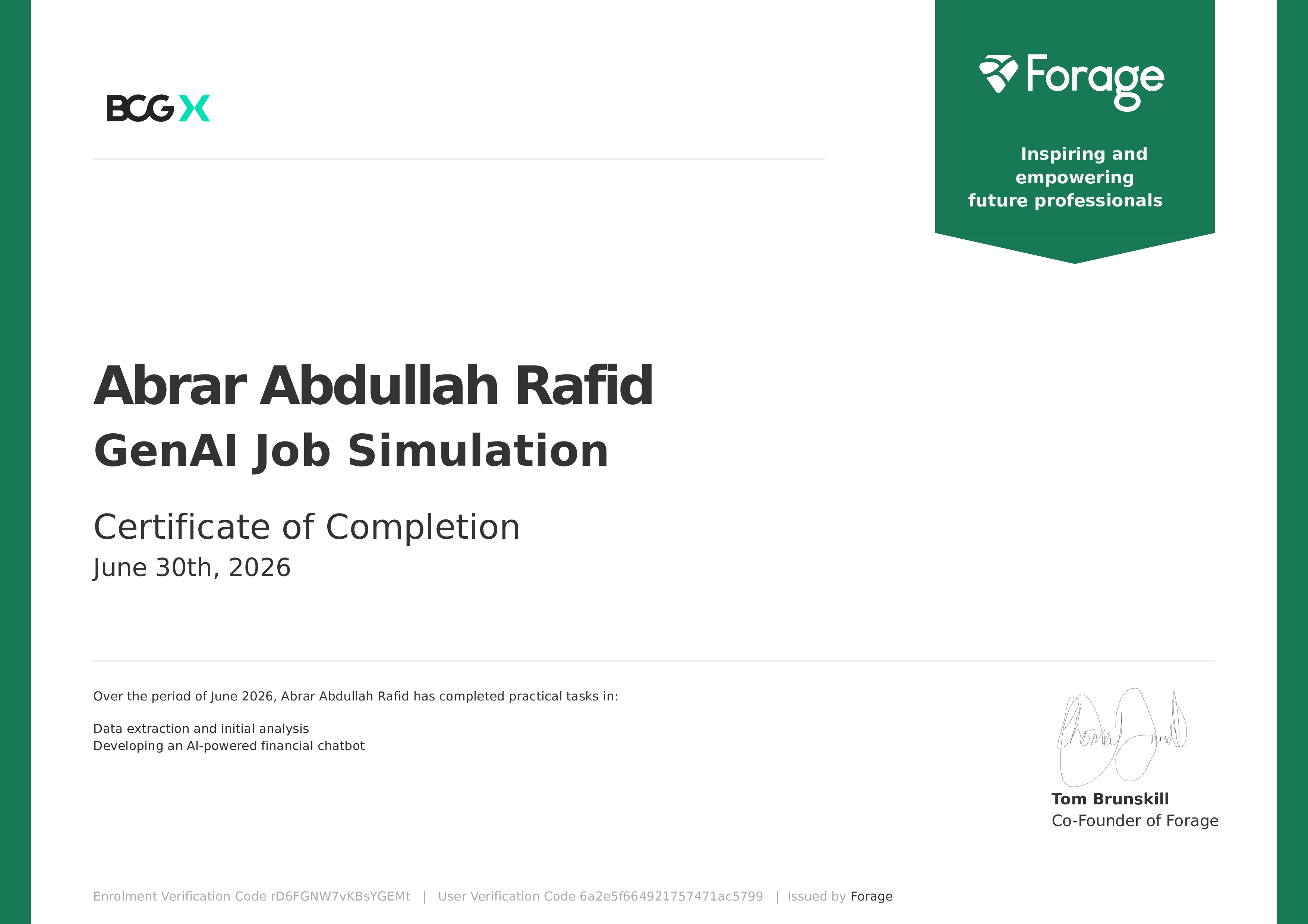 GenAI Job Simulation certificate from BCG X · Forage