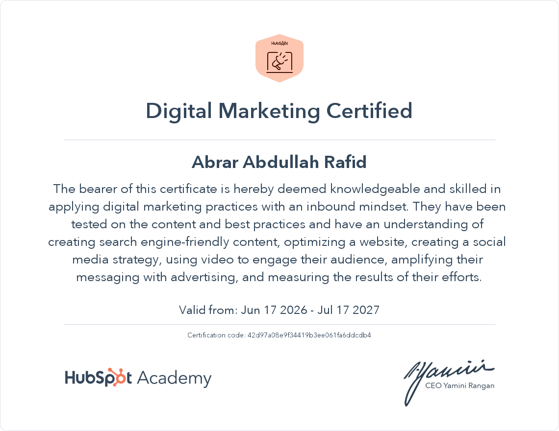 Digital Marketing Certified certificate from HubSpot Academy